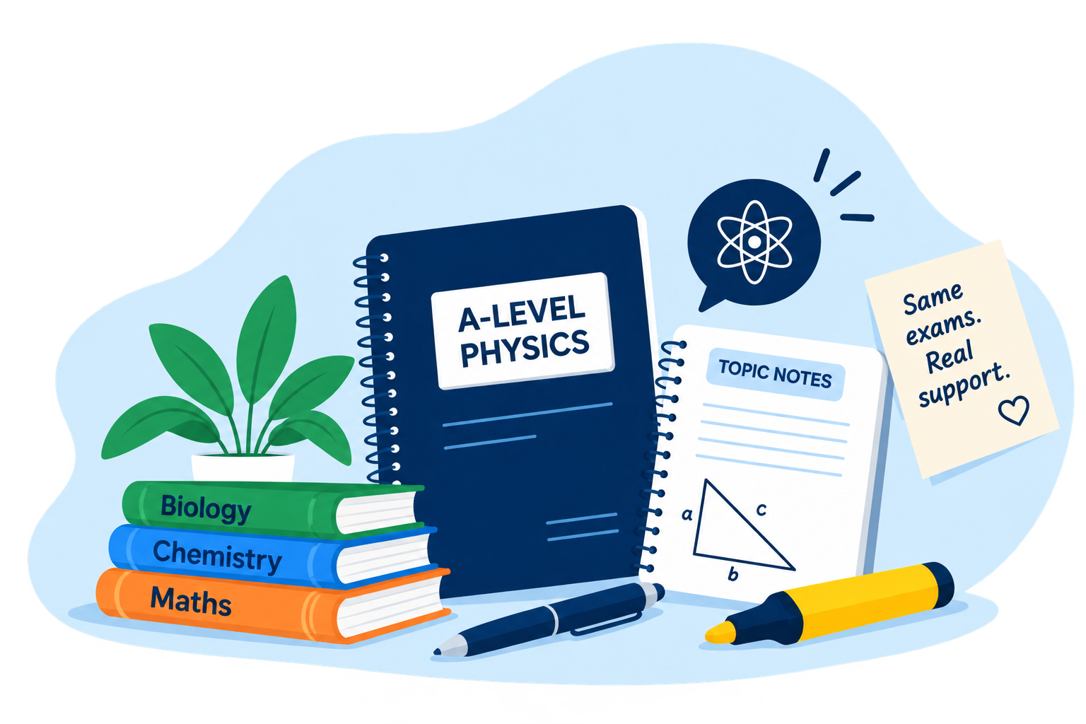 Illustration of revision notebooks, topic notes and study stationery
