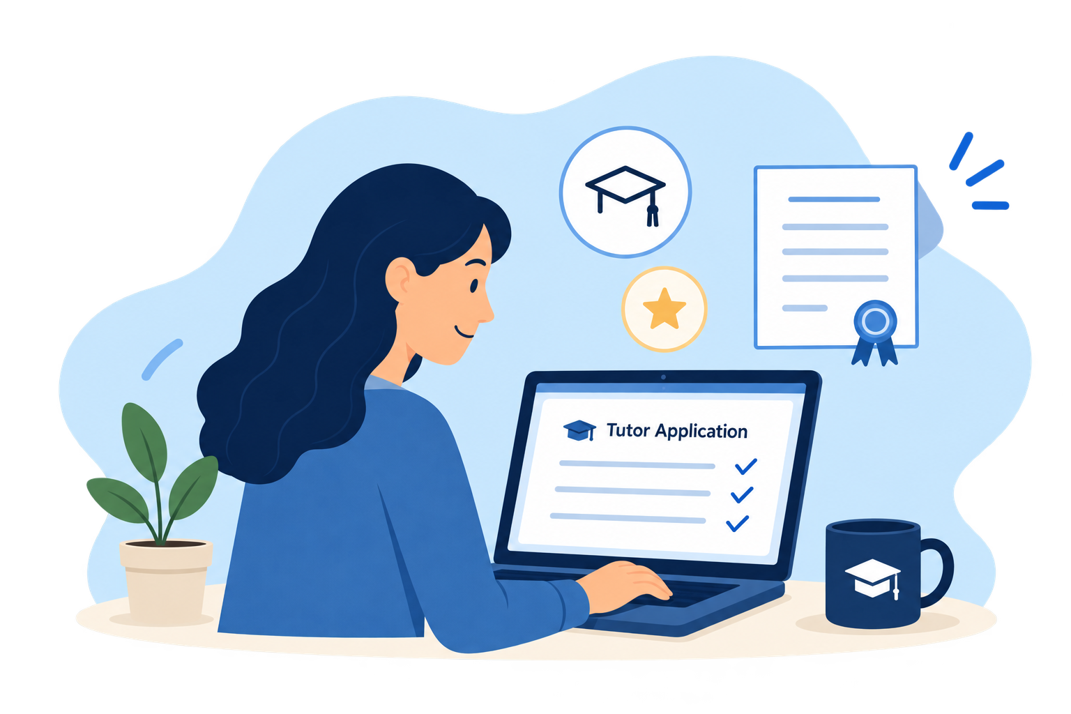 Editorial illustration of a tutor completing an online tutor application on a laptop, with a graduation cap, certificate and verified badge