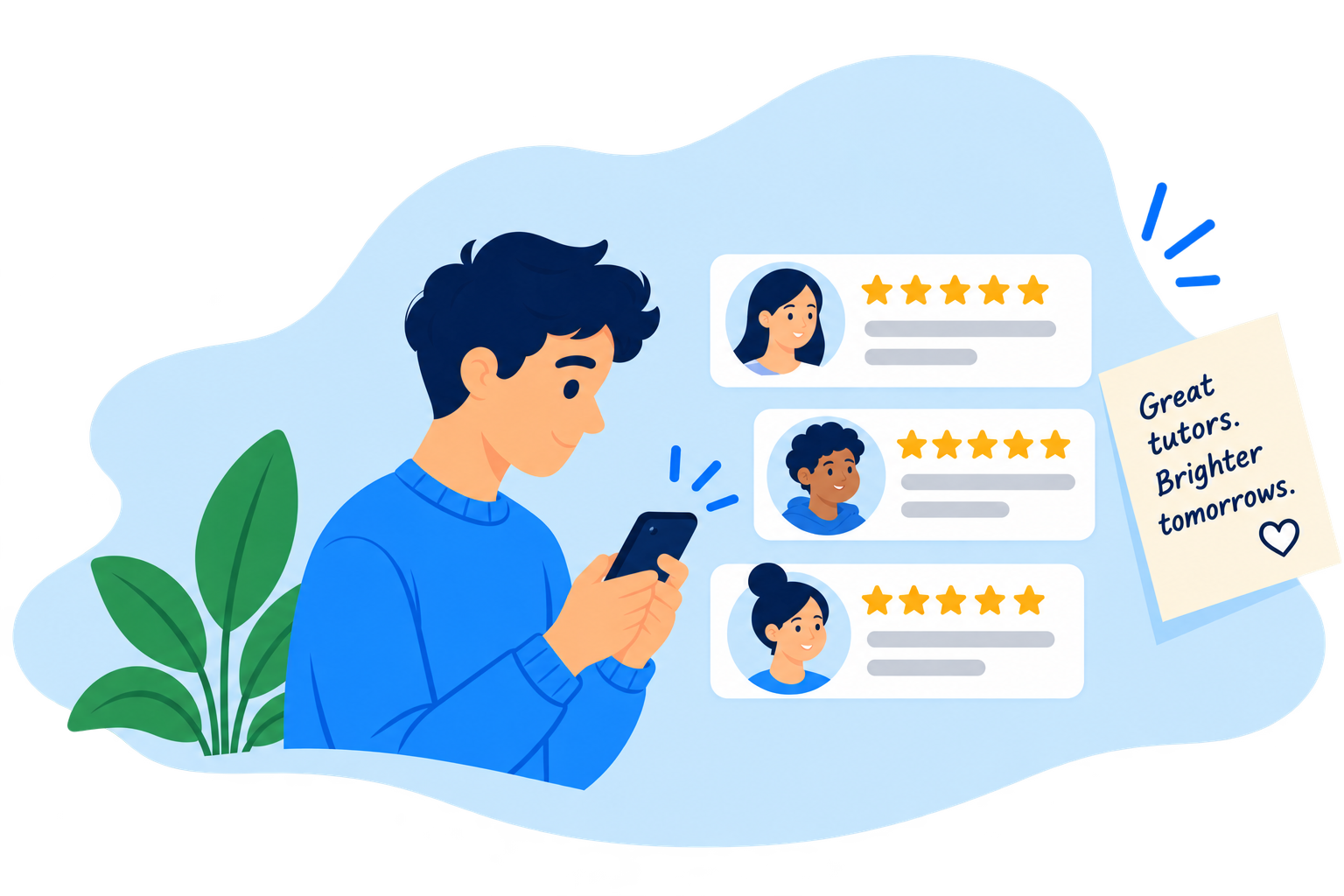 Student reading TutorEd reviews beside five-star tutor ratings