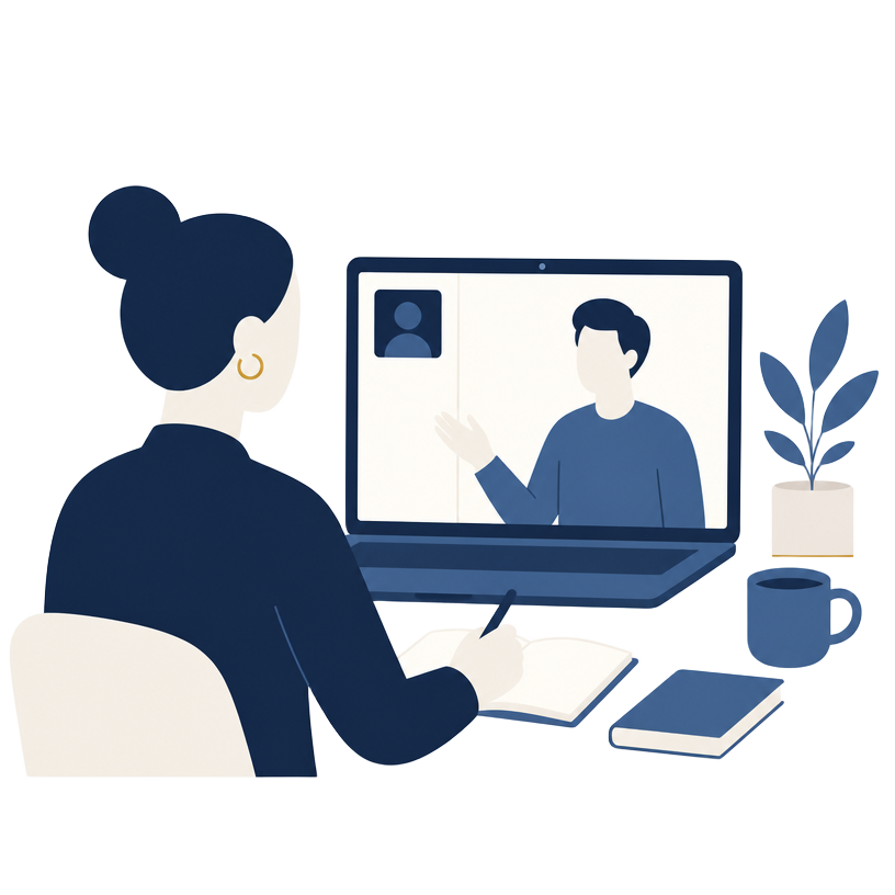 Illustration of a student meeting a tutor on a video call