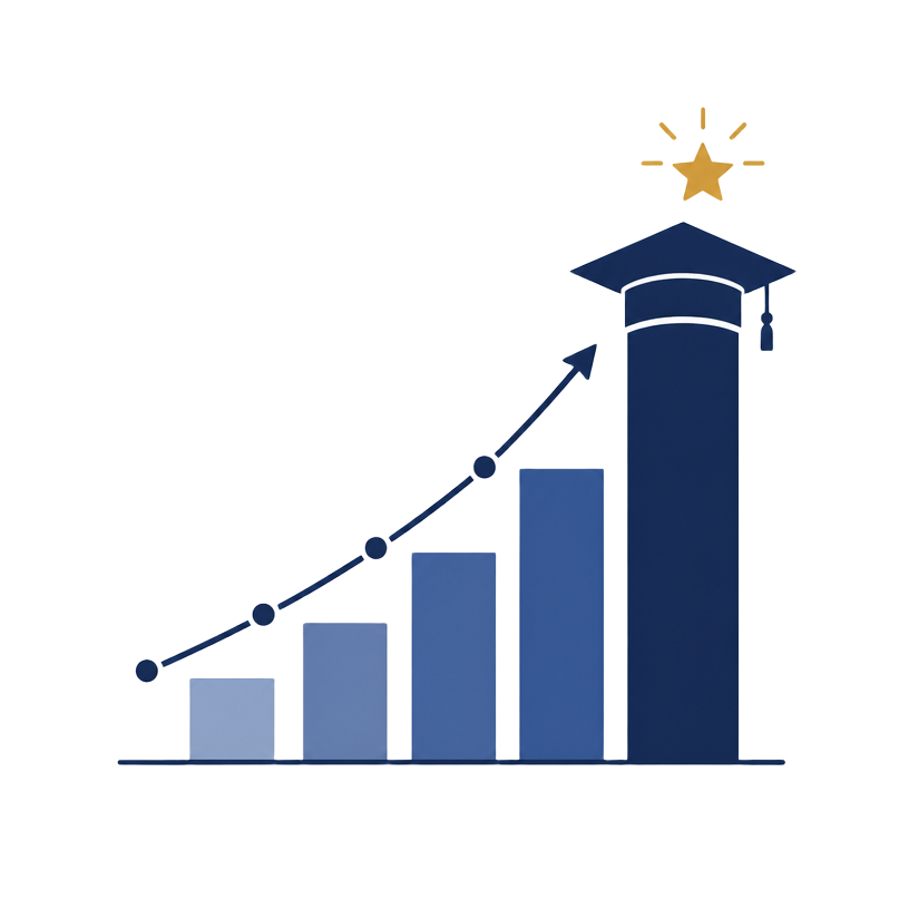 Illustration of a rising progress chart with a graduation cap