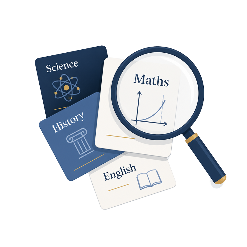 Illustration of subject cards being browsed with a magnifying glass